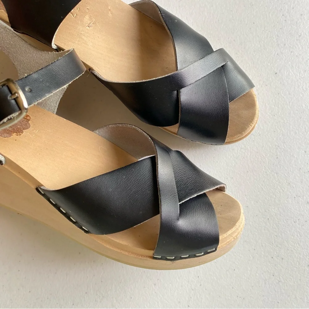 Swedish Hasbeens Size 37 Black Leather Criss Cross Ankle Strap Wooden Wedge Clog